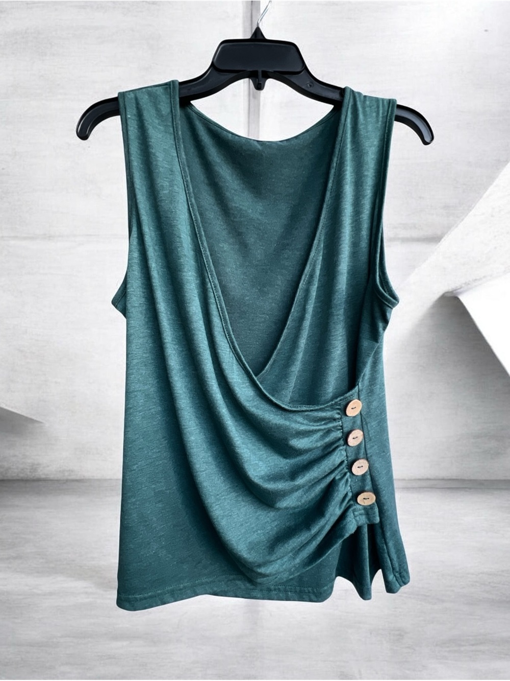 Sleeveless Forest Green Draped Button-Detail Women's Top
